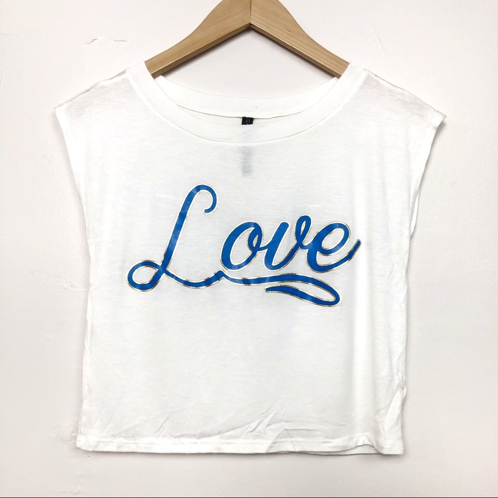 “ Love “ Script Graphic Soft Tee Blue Gold Cream - Picture 1 of 10